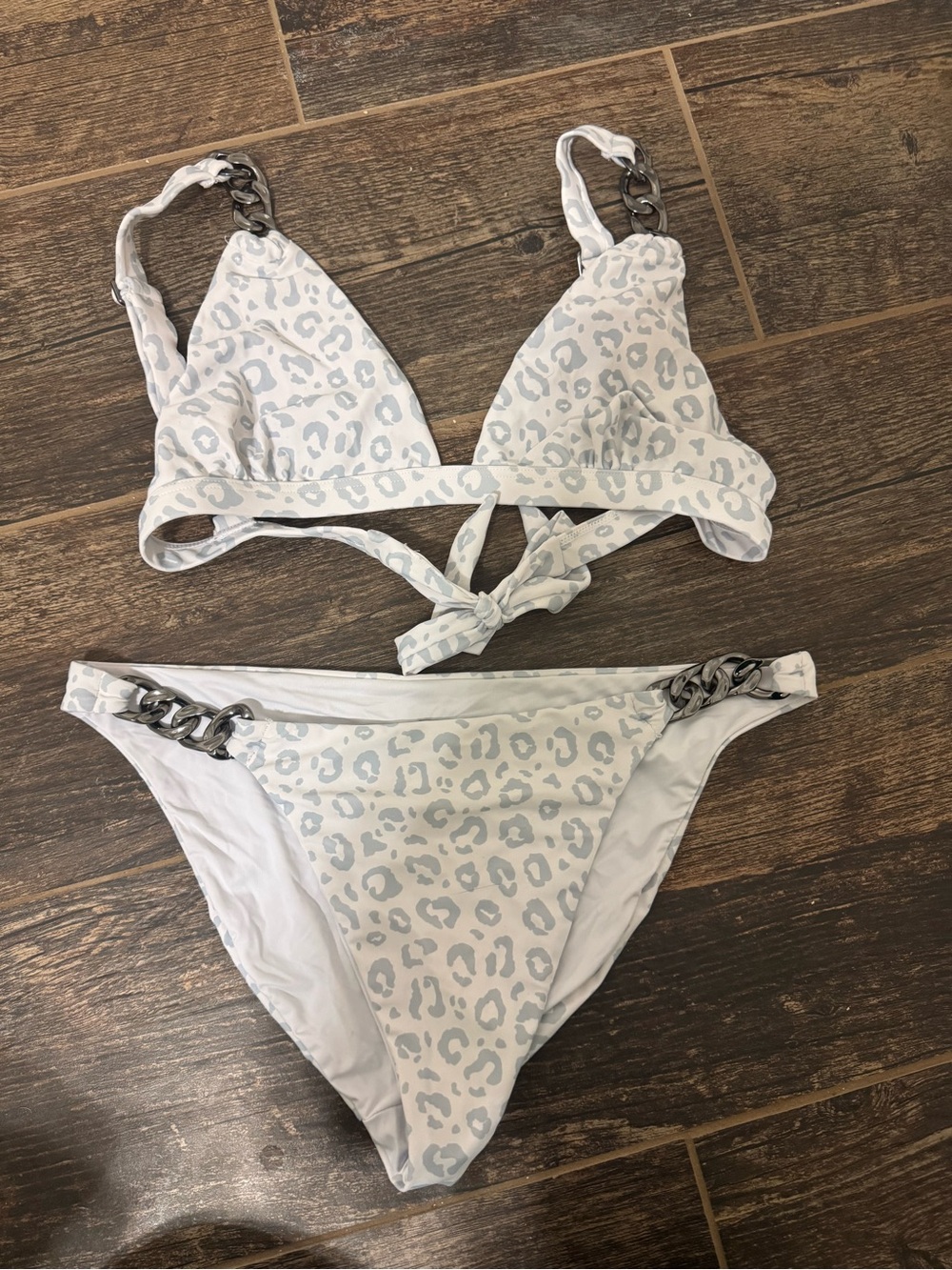 Dixxon Large White & Light Gray Leopard Print Chain Bikini Set
